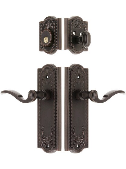 Grandeur Parthenon Entrance Door Set, Keyed Alike with Bellagio Levers in Oil-Rubbed Bronze.